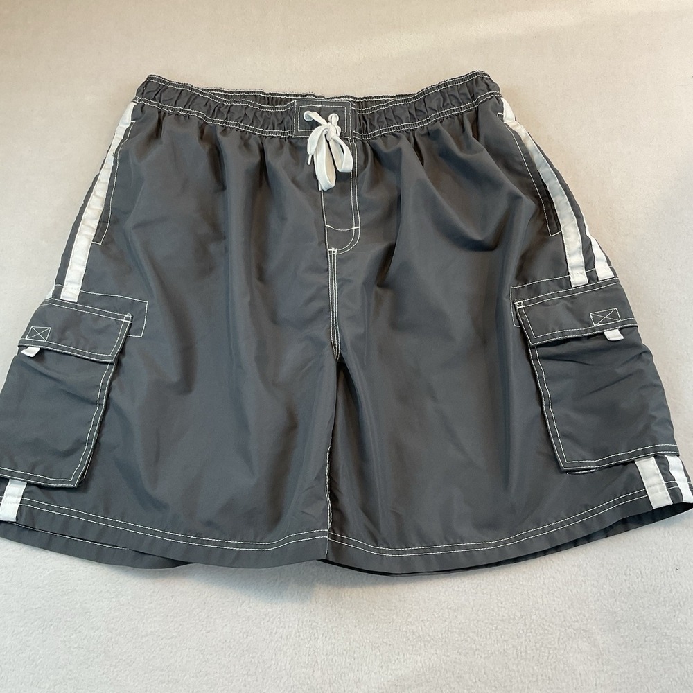Kanu Surf Swim Trunks Mens 3X Gray White Stripes Mesh Lining Cargo Pockets Suit